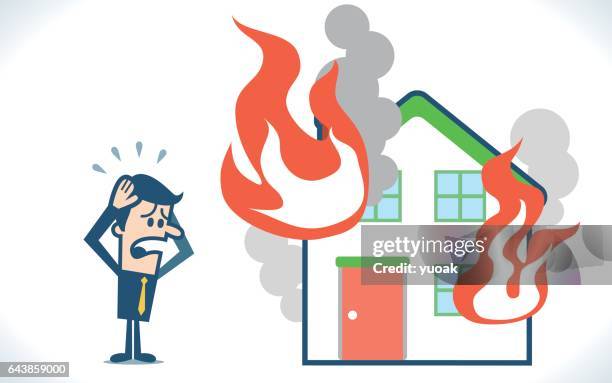 man with house & fire - cross fire stock illustrations