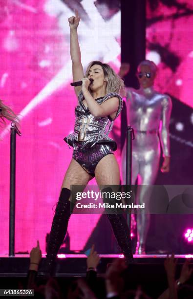 Perrie Edwards of Little Mix performs on stage at The BRIT Awards 2017 at The O2 Arena on February 22, 2017 in London, England.