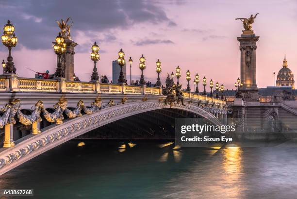 pont alexandre iii at twilight in paris, france. - river seine foto e immagini stock