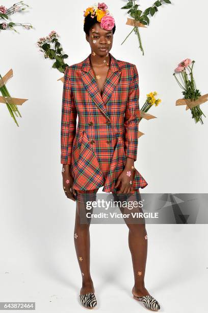 Model poses at the Tata Naka presentation during London Fashion Week February 2017 collections on February 21, 2017 in London, England.