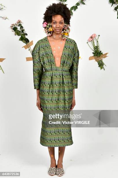 Model poses at the Tata Naka presentation during London Fashion Week February 2017 collections on February 21, 2017 in London, England.