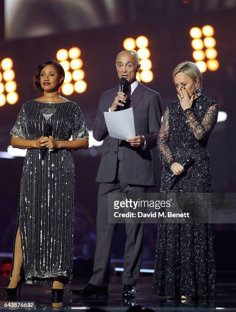 Helen "Pepsi" DeMacque, Andrew Ridgeley and Shirlie Holliman pay tribute to George Michael on stage at The BRIT Awards 2017 at The O2 Arena on...
