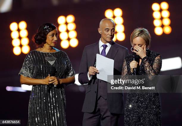 Helen "Pepsi" DeMacque, Andrew Ridgeley and Shirlie Holliman pay tribute to George Michael on stage at The BRIT Awards 2017 at The O2 Arena on...