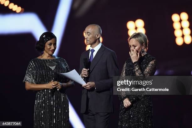 Pepsi DeMacque, Andrew Ridgeley and Shirlie Holliman present a tribute to George Michael on stage at The BRIT Awards 2017 at The O2 Arena on February...