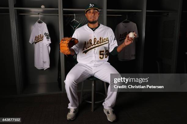 Pitcher Felix Doubront of the Oakland Athletics poses for a portrait during photo day at HoHoKam Stadium on February 22, 2017 in Mesa, Arizona.