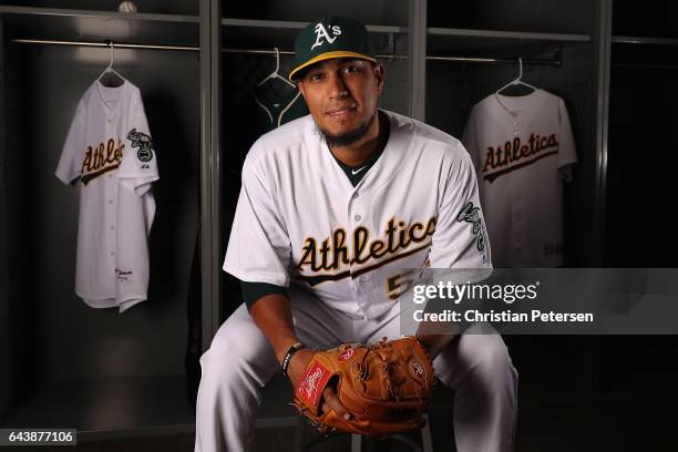 Pitcher Felix Doubront of the Oakland Athletics poses for a portrait during photo day at HoHoKam Stadium on February 22, 2017 in Mesa, Arizona.