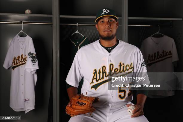 Pitcher Felix Doubront of the Oakland Athletics poses for a portrait during photo day at HoHoKam Stadium on February 22, 2017 in Mesa, Arizona.