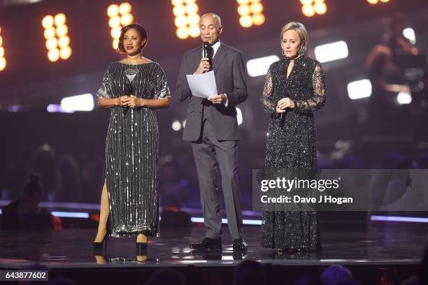 Helen "Pepsi" DeMacque, Andrew Ridgeley and Shirlie Holliman speak on stage at The BRIT Awards 2017 at The O2 Arena on February 22, 2017 in London,...