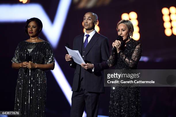 Pepsi DeMacque, Andrew Ridgeley and Shirlie Holliman present a tribute to George Michael on stage at The BRIT Awards 2017 at The O2 Arena on February...