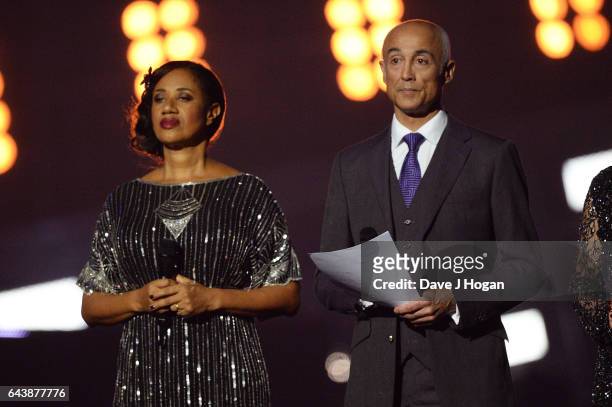 Helen "Pepsi" DeMacque and Andrew Ridgeley speak on stage at The BRIT Awards 2017 at The O2 Arena on February 22, 2017 in London, England.