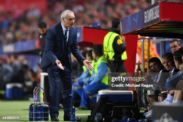 Claudio Ranieri, manager of Leicester City reacts towards his bench during the UEFA Champions League Round of 16 first leg match between Sevilla FC...