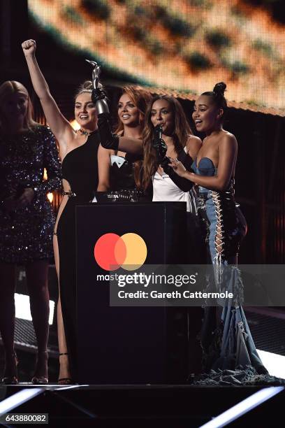 Perrie Edwards, Jesy Nelson, Jade Thirlwall and Leigh-Anne Pinnock of Little Mix receive the award for Best British Single on stage at The BRIT...