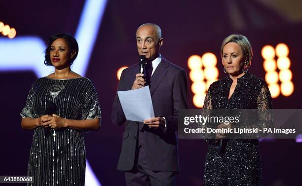 Helen Pepsi DeMacque, Andrew Ridgeley and Shirlie Holliman give a tribute on stage to George Michael at the Brit Awards at the O2 Arena, London.