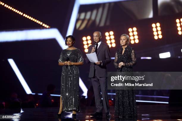 Pepsi DeMacque, Andrew Ridgeley and Shirlie Holliman present a tribute to George Michael on stage at The BRIT Awards 2017 at The O2 Arena on February...