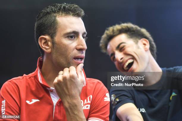 Italy's Vincenzo Nibali from Bahrain-Merida and Fabio Aru from Astana, at the end of the Top Riders press conference at the Yas Viceroy Abu Dhabi...