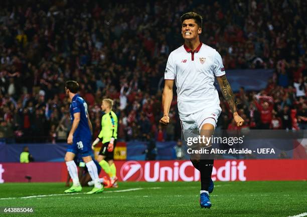 Joaquin Correa of Sevilla FC celebrates after scoring the second goal for Sevilla FC during the UEFA Champions League Round of 16 first leg match...