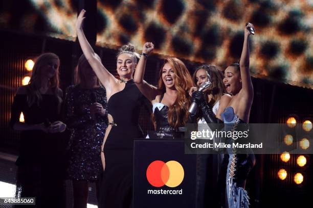 Perrie Edwards, Jesy Nelson, Jade Thirlwall and Leigh-Anne Pinnock of Little Mix receive the award for Best British Single on stage at The BRIT...