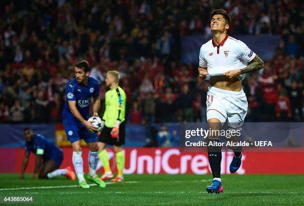 Joaquin Correa of Sevilla FC celebrates after scoring the second goal for Sevilla FC during the UEFA Champions League Round of 16 first leg match...