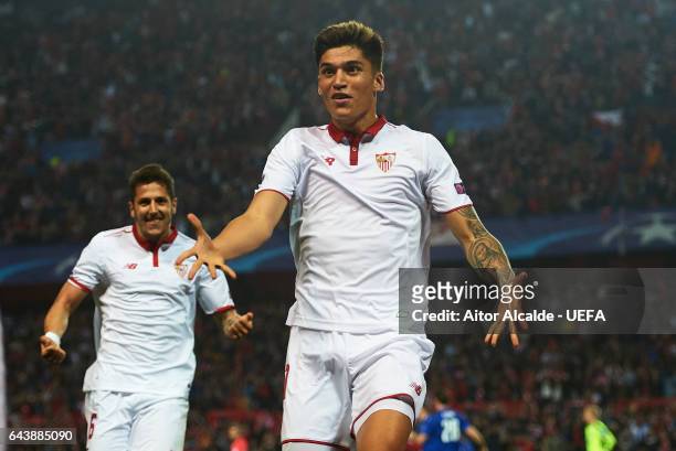Joaquin Correa of Sevilla FC celebrates after scoring the second goal for Sevilla FC during the UEFA Champions League Round of 16 first leg match...