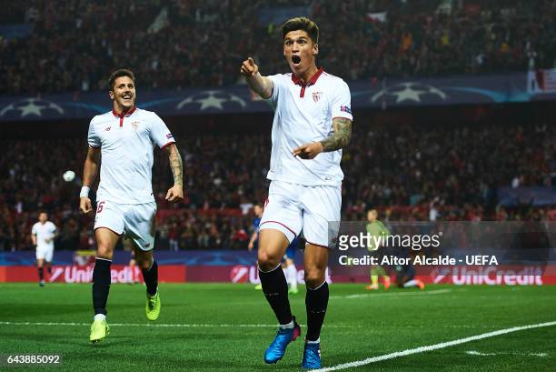 Joaquin Correa of Sevilla FC celebrates after scoring the second goal for Sevilla FC during the UEFA Champions League Round of 16 first leg match...