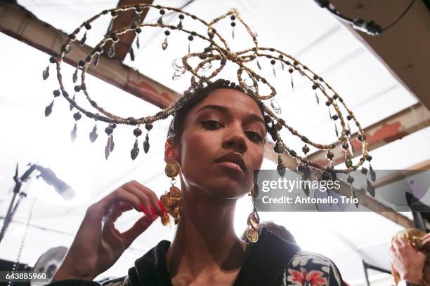 Model Aiden Curtiss poses backstage at Jeremy Scott Fall/Winter 2017 Show during New York Fashion Week at Gallery 1, Skylight Clarkson Sq on February...