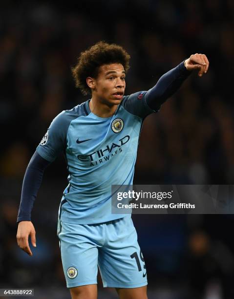 Leroy Sane of Manchester City looks on during the UEFA Champions League Round of 16 first leg match between Manchester City FC and AS Monaco at...