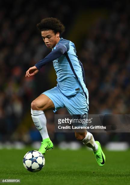 Leroy Sane of Manchester City in action during the UEFA Champions League Round of 16 first leg match between Manchester City FC and AS Monaco at...