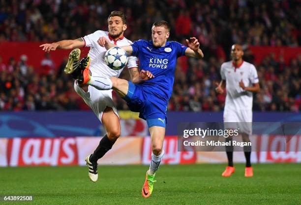 Jamie Vardy of Leicester City battles for the ball with Daniel Carrico of Sevilla during the UEFA Champions League Round of 16 first leg match...