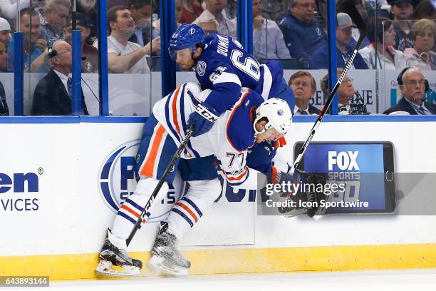 Edmonton Oilers defenseman Oscar Klefbom and Tampa Bay Lightning center Gabriel Dumont in action in the first period of the NHL game between the...