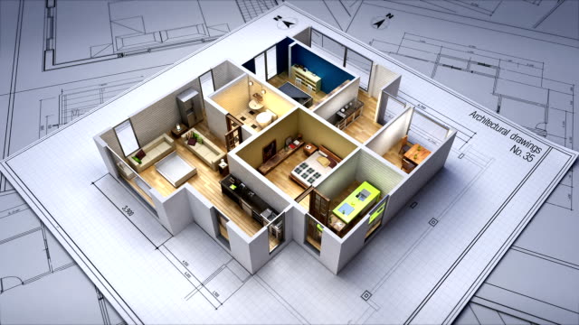 Architectural Drawing changed 3D house interior.