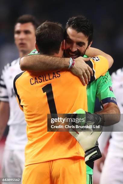 Gianluigi Buffon of Juventus and Iker Casillas of FC Porto embrace at the end of the UEFA Champions League Round of 16 first leg match between FC...