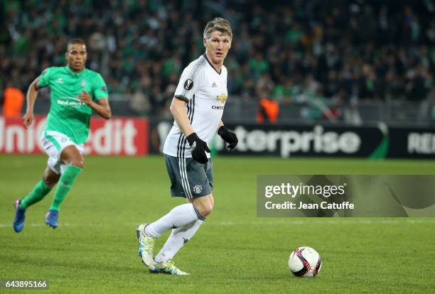 Bastian Schweinsteiger of Manchester United in action during the UEFA Europa League Round of 32 second leg match between AS Saint-Etienne and...