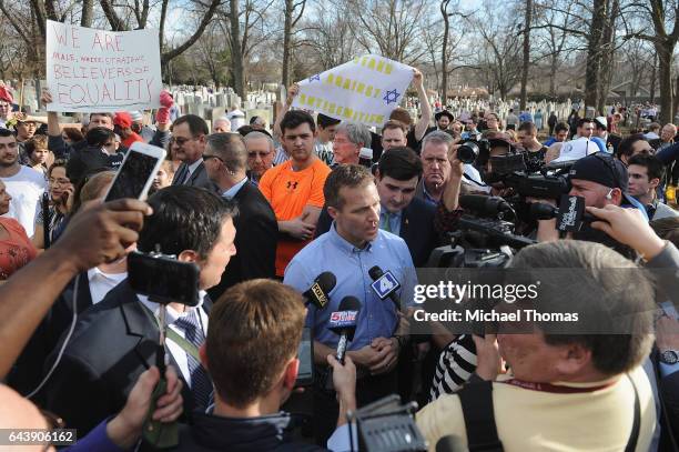 Missouri Governor Eric Greitens speaks to the media at Chesed Shel Emeth Cemetery on February 22, 2017 in University City, Missouri. Governor Eric...