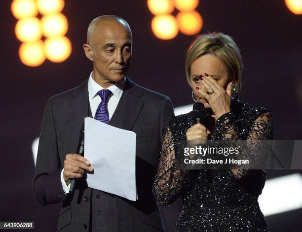 Andrew Ridgeley and Shirlie Holliman speak on stage at The BRIT Awards 2017 at The O2 Arena on February 22, 2017 in London, England.