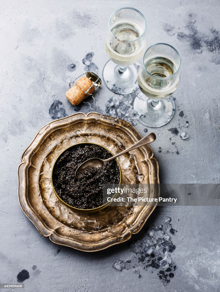Black Sturgeon caviar in can on ice and champagne on concrete background