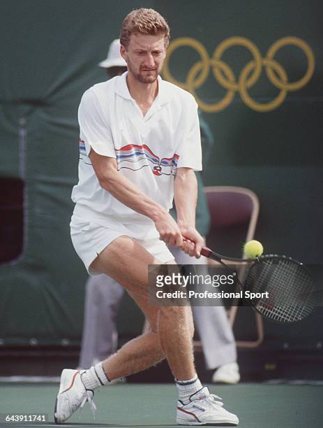 Slovakian tennis player Miloslav Mecir of Czechoslovakia competes to win the gold medal against Tim Mayotte of the United States in the Men's singles...