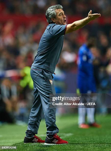 Second coach of Sevilla FC Juanma Lillo reacts during the UEFA Champions League Round of 16 first leg match between Sevilla FC and Leicester City at...
