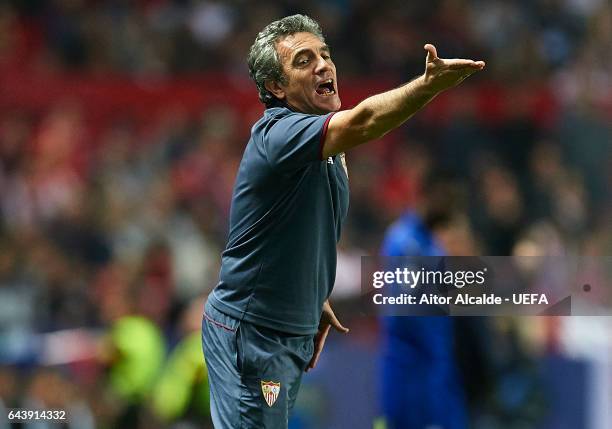 Second coach of Sevilla FC Juanma Lillo reacts during the UEFA Champions League Round of 16 first leg match between Sevilla FC and Leicester City at...