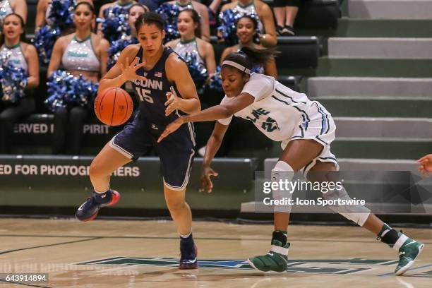 Connecticut guard Gabby Williams steals the ball against Tulane during the game between Connecticut and Tulane on February 18, 2017 at Devlin...