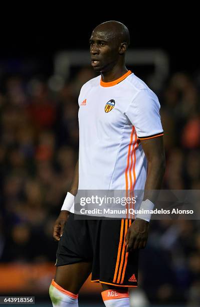 Eliaquim Mangala of Valencia looks on during the La Liga match between Valencia CF and Real Madrid at Mestalla Stadium on February 22, 2017 in...