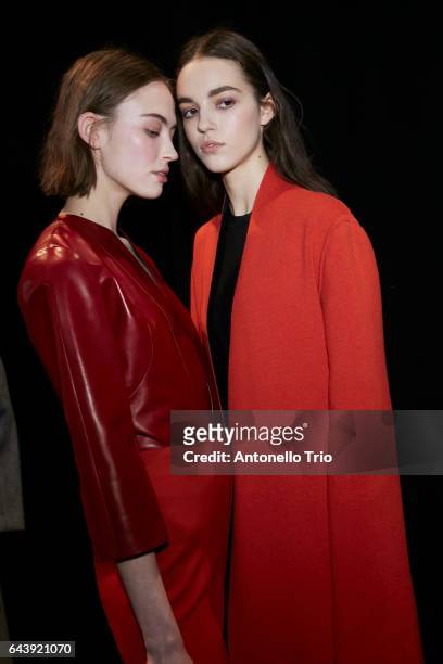 Ania Chiz and Emm Arruda poses backstage at Narciso Rodriguez Fall/Winter 2017 Show during New York Fashion Week on February 14, 2017 in New York...