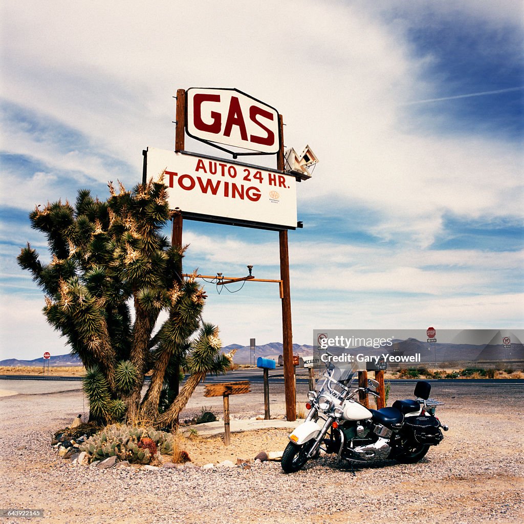 Motorbike by a Gas Station along Route 66