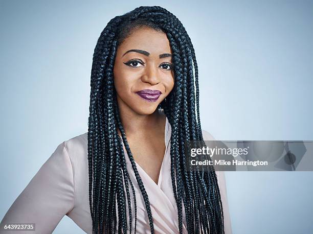 young black female smiling - lila lippenstift stock-fotos und bilder