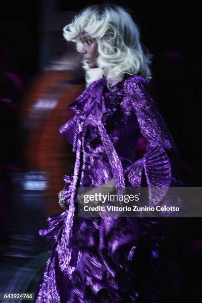 Model walks the runway at the Gucci show during Milan Fashion Week Fall/Winter 2017/18 on February 22, 2017 in Milan, Italy.