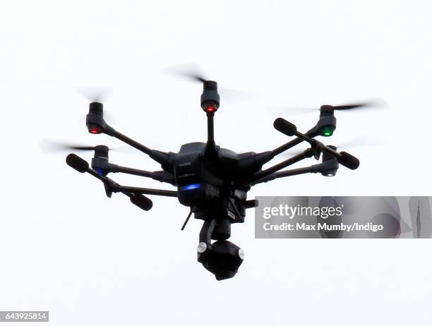 Camera equipped Police drone being flown as Catherine, Duchess of Cambridge arrives for a visit to MIST, a child and adolescent mental health...