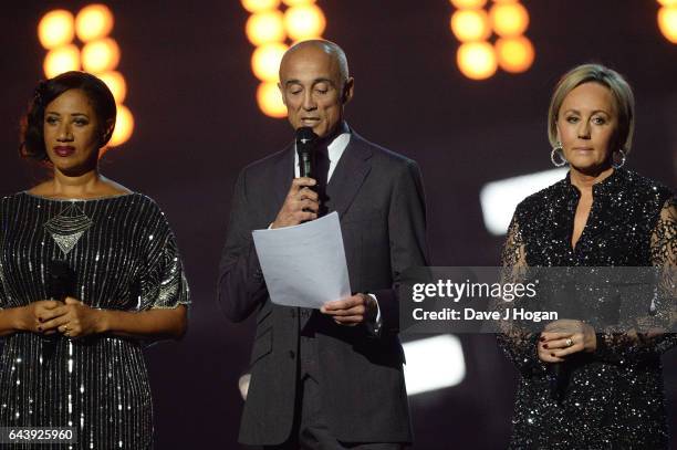 Helen "Pepsi" DeMacque, Andrew Ridgeley and Shirlie Holliman speak on stage at The BRIT Awards 2017 at The O2 Arena on February 22, 2017 in London,...