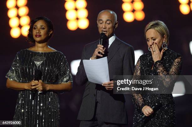 Helen "Pepsi" DeMacque, Andrew Ridgeley and Shirlie Holliman speak on stage at The BRIT Awards 2017 at The O2 Arena on February 22, 2017 in London,...