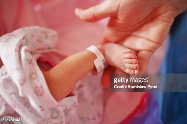 mother holding foot of newborn - namensband stock-fotos und bilder