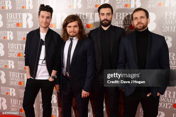 Dan Smith, Chris Wood, Kyle Simmons and Will Farquarson of Bastille attend The BRIT Awards 2017 at The O2 Arena on February 22, 2017 in London,...