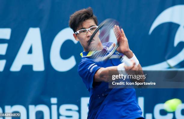 Tim Smyczek defeats Vasek Pospisil during the Qualifying Round of the ATP Delray Beach Open on February 19, 2017 in Delray Beach, Florida.